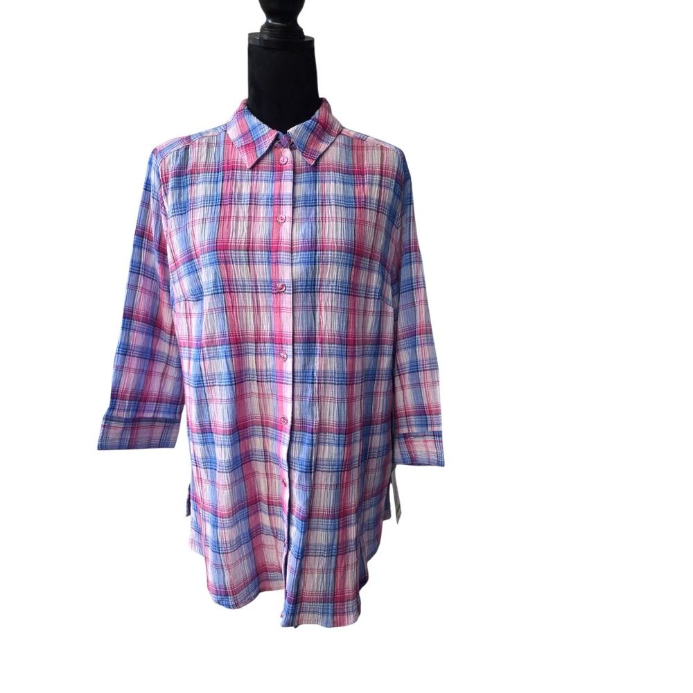 Allison Daley Womens Plaid Crinkle 3/4 Sleeve Shirt Indigo Orchid Size 14 A3
